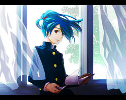  1boy androgynous blue_hair book commentary_request curtains gakuran inazuma_eleven inazuma_eleven_(series) kazemaru_ichirouta kori_(etinop) letterboxed male_focus ponytail raimon raimon_school_uniform red_eyes school_uniform solo wind window 