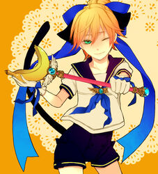  1boy animal_ears aqua_eyes bad_id bad_pixiv_id banana blonde_hair bow crossdressing food fruit gloves hair_ribbon hairbow holding holding_food holding_fruit holding_wand kagamine_len macco magical_nuko-lenlen_(vocaloid) male_focus one_eye_closed ribbon smile solo vocaloid wand 