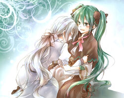  2girls aku_no_musume_(vocaloid) bad_id bad_pixiv_id clarith evillious_nendaiki green_eyes green_hair grey_hair hatsune_miku long_hair michaela_(evillious_nendaiki) multiple_girls noeru_(putty) ponytail shiro_no_musume_(vocaloid) tears twintails very_long_hair vocaloid yowane_haku 