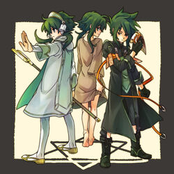  3boys androgynous bare_legs barefoot boots commentary_request feet florian_(tales) green_eyes green_hair hair_tubes ion_(tales) male_focus mask multiple_boys short_hair_with_long_locks sidelocks staff sync_(tales) tales_of_(series) tales_of_the_abyss to_siva twintails 