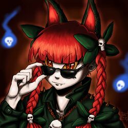  animal_ears braid cat_ears extra_ears female hair_ribbon hands jewelry kaenbyou_rin necklace oerba_yun_fang pale_skin portrait red_hair ribbon skull slit_pupils solo spidu sunglasses touhou twin_braids twintails 