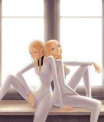  2girls blonde_hair breasts calanthe_(artist) casual claymore_(series) curly_hair frown grey_eyes irene_(claymore) large_breasts leaning_back long_hair looking_at_viewer multiple_girls smile straight_hair teresa_(claymore) window 