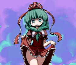  clothes_lift dress dress_lift female front_ponytail gatau green_eyes green_hair hair_ribbon kagiyama_hina lowres open_mouth ribbon skirt skirt_lift solo thighs touhou 