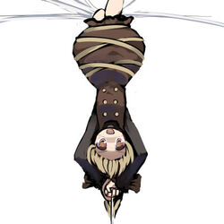  blonde_hair brown_eyes female gatau kurodani_yamame lowres ribbon silk solo touhou upside-down 