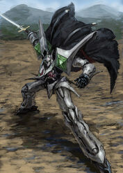  cape commentary escaflowne fighting_stance mecha mountain no_humans photoshop_(medium) robot solo sword tenkuu_no_escaflowne weapon yutori_(clockwork_chicken) 