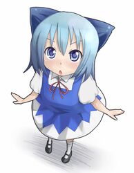  :o bad_id bad_pixiv_id black_footwear blue_dress blue_eyes blue_hair blush bow cirno dress female from_above full_body hairbow koa looking_at_viewer looking_up mary_janes neck_ribbon outstretched_arms puffy_short_sleeves puffy_sleeves red_ribbon ribbon shoes short_hair short_sleeves socks solo standing touhou white_background white_socks 