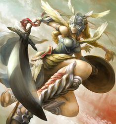  armor armored_boots armored_dress bad_id bad_pixiv_id blue_eyes boots braid breastplate breasts brown_hair closed_mouth coz_(commit) day earrings faulds feathered_wings feet_out_of_frame female flying from_below glaive_(polearm) head_wings helmet holding holding_shield holding_sword holding_weapon jewelry long_hair looking_away lord_of_vermilion medium_breasts polearm sandals shield sky solo sword twin_braids twintails valkyrie valkyrie_(lord_of_vermilion) vambraces weapon white_wings wings 