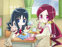  2girls bad_id bad_pixiv_id bento blue_eyes blue_hair bow chair chitose_kiiro chopsticks closed_mouth crosshair curtains dark_blue_hair dark_red_hair dated day desk drink drinking_straw eating food glasses hanasaki_tsubomi heartcatch_precure! holding holding_drink indoors kurumi_erika lightning_bolt_symbol long_hair long_sleeves looking_at_viewer low_ponytail lunchbox milk_carton multiple_girls myoudou_gakuen_middle_school_uniform on_chair photoshop_(medium) precure red_bow red_eyes red_hair red_stripes rice round_eyewear sailor_collar school_desk school_uniform shirt single_stripe sitting sleeve_cuffs smile smiley_face striped timestamp upper_body v viewfinder white_sailor_collar white_shirt window 