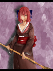  bad_id bad_pixiv_id bamboo_broom black_maria broom brown_kimono female hair_ribbon japanese_clothes kimono kohaku_(tsukihime) one_eye_closed red_hair ribbon solo tsukihime yellow_eyes 