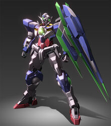  00_qan[t] clenched_hands commentary_request gradient_background green_eyes grey_background gundam gundam_00 gundam_00_a_wakening_of_the_trailblazer huge_weapon machinery mecha no_humans nt-d reborns_gundam robot shade shiny simple_background standing weapon zb_(dawn-blue) 