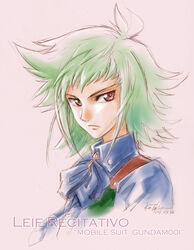  1boy green_hair gundam gundam_00 gundam_00i leif_recitativo male_focus red_eyes signature sketch solo tokita_kouichi 