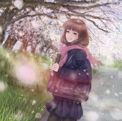  blush brown_eyes brown_hair cherry_blossoms coat commentary_request enpera female flower graduation mamoru_(mamoru_jinja) outdoors pantyhose sayoko_(sayonara_memories) sayonara_memories_(supercell) scarf skirt smile solo supercell_(band) 