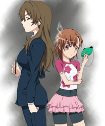  2girls back-to-back bag breasts brown_eyes brown_hair business_suit casual commentary_request electricity electrokinesis formal frog frog_mask gekota green_mask hair_ornament hairclip handbag holding holding_mask kiyama_harumi large_breasts long_hair mask medium_hair misaka_mikoto multiple_girls pant_suit pants pencil_skirt profile psychic raglan_sleeves science_fiction short_hair skirt suit toaru_kagaku_no_railgun toaru_majutsu_no_index unworn_mask yoshida_keiji 