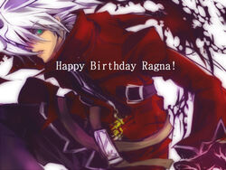  1boy birthday blazblue character_name commentary_request green_eyes iyo_(ichi_yo) male_focus ragna_the_bloodedge solo white_background white_hair 