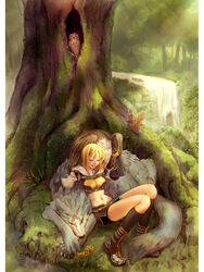  belt bike_shorts bird blonde_hair boots bracelet bug closed_eyes eagle elbow_gloves female flower gloves hood hunter_(ragnarok_online) jewelry kneehighs ladybug midriff myung-jin_lee nature navel navel_piercing official_art on_ground outdoors owl photoshop_(medium) piercing ragnarok_online scar scenery short_hair skirt sleeping socks solo squirrel strap tree tree_hollow under_tree water waterfall wolf 