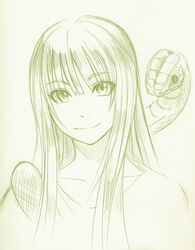  chachamaru-f commentary_request female hakudou_yayoi hoshi_no_samidare monochrome photoshop_(medium) shea_moon snake solo yellow_background yellow_theme 