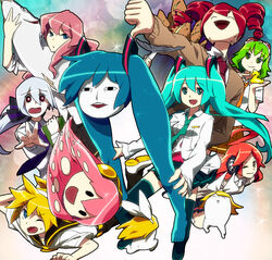  1boy 5girls :d abe_(f!mixture) ahoge alternate_costume aqua_eyes aqua_hair bad_id bad_pixiv_id baguette bread crossover food green_hair gumi hatsune_miku highres kagamine_len kagamine_rin kasane_teto long_hair mask megurine_luka meme multiple_girls one_eye_closed open_mouth pink_hair red_hair rin_no_youchuu school_uniform sf-a2_miki shiteyan&#039;yo skirt smile takoluka thumbs_down tuna twintails utau vocaloid what yowane_haku 