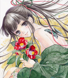  black_hair blue_eyes bud bug butterfly camellia closed_mouth commentary_request female floral_print flower green_kimono green_rope grey_eyes hair_behind_ear holding holding_flower japanese_clothes kimono leaning_forward lips looking_at_viewer looking_to_the_side off_shoulder original ponytail red_flower red_rope rope smile solo tattoo toyoda_izumi traditional_media upper_body 