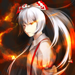  female fire fujiwara_no_mokou glowing glowing_eye hair_ribbon ponytail red_eyes ribbon rike_(pixiv) smile solo touhou white_hair 