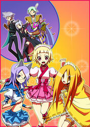  2boys 4girls blonde_hair blue_choker blue_eyes blue_skirt blue_wrist_cuffs choker commentary_request cosplay crossover cure_berry cure_berry_(cosplay) cure_peach cure_peach_(cosplay) cure_pine cure_pine_(cosplay) eas_(fresh_precure!) eas_(fresh_precure!)_(cosplay) eyelashes fresh_precure! fujiyoshi_harumi glasses green_hair grey_hair heart kaga_ai kino_kuniya komori_kiri kudou_jun long_hair magical_girl multiple_boys multiple_girls navel one_eye_closed pink_choker pink_wrist_cuffs precure puffy_sleeves purple_hair sayonara_zetsubou_sensei shirono skirt tsunetsuki_matoi unofficial_precure_costume wrist_cuffs 