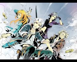  3boys albino bad_id bad_pixiv_id badou_nails beard blonde_hair dogs:_bullets_&amp;_carnage facial_hair female fuyumine_naoto gun haine_rammsteiner highres letterboxed long_hair mihai_mihaeroff multiple_boys red_eyes saiga_tokihito short_hair weapon white_hair 