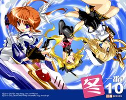  3girls armpits arms_up bad_id bad_pixiv_id bardiche_(nanoha) belt blonde_hair blue_eyes brown_hair cloud elbow_gloves fate_testarossa fate_testarossa_(movie_1st_form) fingerless_gloves flying gloves hair_ribbon hat lyrical_nanoha maetaku mahou_shoujo_lyrical_nanoha mahou_shoujo_lyrical_nanoha_a&#039;s mahou_shoujo_lyrical_nanoha_the_movie_1st multiple_girls purple_eyes raising_heart raising_heart_(cannon_mode) red_eyes ribbon schwertkreuz short_hair takamachi_nanoha takamachi_nanoha_(movie_1st_mode) thighhighs twintails unison_(nanoha) upside-down watermark yagami_hayate 