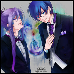  2boys bad_id bad_pixiv_id blue_eyes blue_hair formal kaito_(vocaloid) kamui_gakupo long_hair male_focus monocle monocle_chain multiple_boys necktie purple_eyes purple_hair suit vocaloid wii_hola 