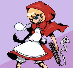  apron blonde_hair blue_eyes bow bowtie bulleta commentary_request feet_out_of_frame female frilled_apron frills grimace gun holding holding_gun holding_weapon hood hood_up looking_to_the_side mac-10/11 open_mouth purple_background red_bow red_bowtie red_hood red_skirt ringed_eyes sharp_teeth skirt smoke smoking_barrel solo standing submachine_gun teeth two-tone_background vampire_(game) weapon white_apron yashiroku 