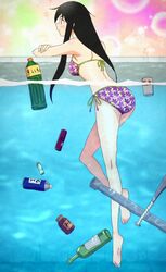  anime_screenshot ass barefoot bikini black_hair feet female kitsu_tane long_hair pool purple_bikini sayonara_zetsubou_sensei side-tie_bikini_bottom solo swimsuit trash water 