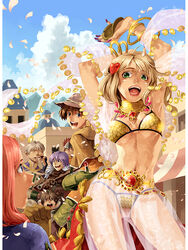  2girls 5boys alchemist_(ragnarok_online) arabian_clothes archer_(ragnarok_online) armor armpits arms_up bard_(ragnarok_online) belt bikini blonde_hair blue_eyes blush_stickers breasts brown_hair cloud coin commentary_request dancer dancer_(ragnarok_online) dancing dated_commentary day gloves grandyoukan green_eyes grey_hair hair_ornament hairclip harem_outfit harem_pants hat heart heart_hair_ornament instrument knight_(ragnarok_online) korean_commentary large_breasts medium_breasts midriff multiple_boys multiple_girls nail_polish navel official_art open_mouth own_hands_clasped own_hands_together pants petals photoshop_(medium) pink_hair purple_hair purple_nails ragnarok_online red_hair saliva see-through short_hair sky swimsuit tassel underboob 