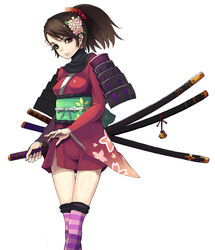  akagi_kiyo armor bad_id bad_pixiv_id bell black_hair breasts brown_eyes brown_hair comb commentary_request female flower hair_flower hair_ornament japanese_clothes katana kimono medium_breasts momohime oboro_muramasa reverse_grip sheath sheathed short_kimono shoulder_pads simple_background solo striped_clothes striped_thighhighs sword thighhighs weapon 