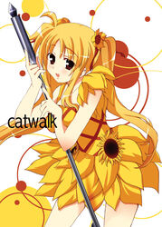  bardiche_(nanoha) blonde_hair cosplay dress fate_testarossa female flower hair_flower hair_ornament hair_ribbon iga_tamaki long_hair lyrical_nanoha mahou_shoujo_lyrical_nanoha_strikers mizuki_nana mizuki_nana_(cosplay) photoshop_(medium) red_eyes ribbon solo sunflower twintails voice_actor_connection 