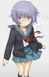  blue_sailor_collar blue_skirt breath cardigan commentary_request female glasses grey_eyes grey_hair homunculus_(alchemynote) kita_high_school_uniform nagato_yuki purple_eyes purple_hair sailor_collar school_uniform serafuku short_hair skirt solo suzumiya_haruhi_no_shoushitsu suzumiya_haruhi_no_yuuutsu winter_uniform 