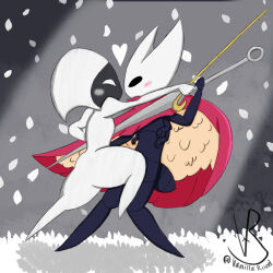  1:1 anthro anthro_on_anthro arachnid arthropod blush cloak cloak_only clothing dancing duo exoskeleton feathers female female/female glare hi_res hollow_knight:_silksong hollow_knight_(franchise) hornet&#039;s_needle hornet_(hollow_knight) insects lace_(hollow_knight:_silksong) melee_weapon petals rose_petals simple_background spider spotlight sword swordfight swordfighting tango_(dance) team_cherry vanilla_road weapon worm 