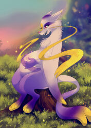  2022 4_fingers 4_toes barbel_(anatomy) belly bent_arm big_belly black_kitty blue_sky blurred_background cheek_tuft chest_tuft claws colored day digital_drawing_(artwork) digital_media_(artwork) dipstick_tail ear_tuft english_description eyelashes facial_markings facial_tuft fan_character fangs feet female finger_claws fingers fur generation_5_pokemon grass grey_body grey_fur grey_tail hands_on_own_belly head_markings hi_res hill light lighting markings mienshao mientatsu_(shadowponi) multicolored_body multicolored_fur nintendo open_mouth open_smile outside paws plant pokemon pokemon_(species) pregnant pregnant_female purple_claws purple_markings red_eyes semi-anthro shaded sitting_on_stump sky smile solo sparkles stump tail tail_markings teeth toes tuft yellow_tail_tip 