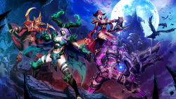  4girls alexstrasza armor bird breasts broom broom_riding bug crow english_commentary feline full_armor full_moon genzoman gloves green_eyes green_gloves green_lips grey_cat hat helmet heroes_of_the_storm highres horns large_breasts maiev_shadowsong mixed-language_commentary moon multiple_girls petting pink_eyes purple_hair sally_whitemane sidesaddle silk spider spider_web toned toned_female witch_hat zarya_(overwatch) 