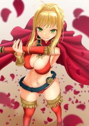  absurdres ahoge belt bikini blonde_hair blush bracelet braid breasts cape cleavage detached_sleeves falling_petals fate/extra fate/grand_order fate_(series) green_eyes hair_intakes highres jewelry large_breasts looking_at_viewer navel nero_claudius_(battle_olympia)_(fate) nero_claudius_(fate) nero_claudius_(fate/extra) petals pucci-la-pucci red_bikini red_cape red_sleeves red_thighhighs rose_petals sidelocks smile stretching swimsuit thighhighs 