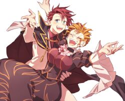  1boy beatrice_(umineko) black_dress blonde_hair blue_eyes breasts carrying carrying_person closed_eyes dress female hswoimuxk0pwr0h_(bbdan) large_breasts open_mouth red_hair sidelocks simple_background smile standing teeth umineko_no_naku_koro_ni upper_teeth_only ushiromiya_battler white_background 