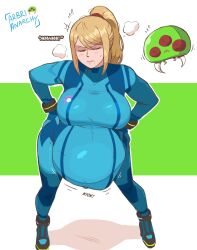  absurdres arbrianarchy big_belly blonde_hair bodysuit closed_eyes closed_mouth female fetal_movement full_body highres outie_navel pregnant samus_aran 