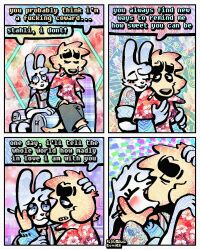  4_panel_comic aloha_shirt anthro bingus_(rawdawgcomics) bird_dog bottomwear bow_tie canid canine canis cheek_spots cheek_tuft cigarette cigarette_in_mouth closed_eyes clothing dialogue domestic_dog duo ears_down english_text facial_tuft floppy_ears fur golden_retriever hi_res hug hugging_another hugging_from_behind hunting_dog kissing lagomorph leporid male mammal object_in_mouth open_mouth open_smile overalls pattern_clothing pattern_shirt pattern_topwear pivoted_ears rabbit rawdawgcomics retriever shirt shorts smile smoking_tobacco speech_bubble stahli_(rawdawgcomics) teeth text tooth_gap topwear tuft white_body white_fur yellow_body yellow_fur 
