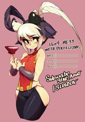  1girls artist_name attribute_slider black_hair female female_only feng_(skullgirls) flat_chest fully_clothed looking_back multicolored_hair purple_eyes skullgirls slider slugbox small_breasts solo sweat true_flat_chest white_hair 