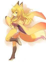  animal_ears bell blonde_hair borrowed_character commentary_request female floating_hair fox_ears fox_girl fox_tail furry furry_female japanese_clothes jingle_bell jitome kikurage_(crayon_arts) kimono koko_(kishibe) long_hair long_sleeves looking_at_viewer obi original panties sash sleeves_past_wrists snout solo tail thick_eyebrows underwear white_panties wide_sleeves 