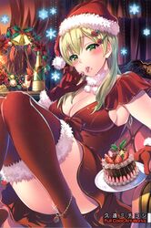  :p absurdres alcohol blonde_hair blush breasts cake champagne cleavage copyright_request cream female food fruit fur_trim gloves green_eyes hair_ornament hairpin hat head_tilt highres kuon_michiyoshi large_breasts legs licking looking_at_viewer plate red_thighhighs santa_costume santa_hat sideboob snowflakes solo strawberry thighhighs tongue tongue_out wreath 