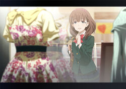  bag blazer blue_eyes blurry blurry_foreground brown_bag brown_hair collared_shirt commentary depth_of_field dress dress_shirt female gorou_(pixiv3249935) green_jacket hair_ribbon hairband idolmaster idolmaster_cinderella_girls jacket letterboxed mall plaid plaid_skirt pleated_skirt reflection ribbon sakuma_mayu school_uniform shirt short_hair shoulder_bag skirt solo standing uniform white_shirt window window_shopping wing_collar 