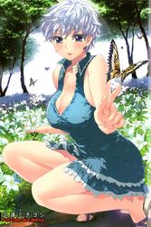  absurdres action_pizazz blue_eyes blue_hair breasts bug butterfly cleavage dress earrings female field flower flower_field highres jewelry kuon_michiyoshi large_breasts legs lily_(flower) necklace pointing sandals short_hair sleeveless solo tree 