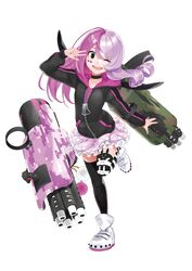  #compass absurdres arm_up asymmetrical_legwear black_eyes black_leotard choker facial_mark female flower full_body gatling_gun heart heart_print highres hood hood_down leg_up leotard long_hair long_sleeves looking_at_viewer megumegu mismatched_legwear multicolored_hair official_art one_eye_closed open_mouth partially_unzipped pink_hair shoes simple_background sneakers solo striped_clothes striped_thighhighs teeth thighhighs two-tone_hair upper_teeth_only white_background white_footwear zipper 