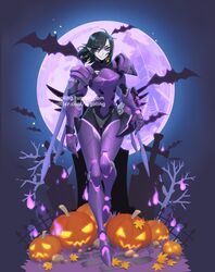  alternate_costume bad_anatomy bare_tree bat black_hair bodysuit egyptian fence full_body full_moon glowing graveyard grey_skin hair_tubes halloween halloween_costume helmet highres jack-o&#039;-lantern long_legs mechanical_wings moon moonlight narrow_waist neon_trim night night_sky outdoors overwatch pharah_(overwatch) pointy_ears possessed_pharah power_armor purple purple_armor purple_moon sky slit_pupils solo source_request tree tumblr_username twitter_username watermark wings ziyo_ling 