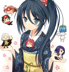  &gt;_&lt; 3girls 4boys ahoge apron ashiya_shirou between_breasts black_hair blue_eyes blue_hair blush breasts brown_eyes chibi closed_eyes commentary_request eating efe employee_uniform fast_food_uniform green_eyes hair_over_one_eye hataraku_maou-sama! heart japanese_clothes kamazuki_suzuno kimono long_hair maou_sadao multiple_boys multiple_girls open_mouth purple_eyes purple_hair red_hair sariel_(hataraku_maou-sama!) sarue_mitsuki sasaki_chiho short_hair side_ponytail sparkle uniform urushihara_hanzou visor_cap white_hair wings wreath yusa_emi 