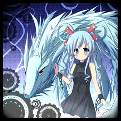  bare_shoulders beatmania_iidx bemani blue_eyes blue_hair blush chains commentary_request cuffs dragon dress female hair_ornament hair_rings jubeat leash long_hair looking_at_viewer maud rensei sleeveless twintails 