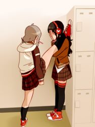  2girls bad_id bad_twitter_id black_hair black_legwear blazer blush brown_skirt claud_(potetew) commentary_request covering_face foot_kabedon grey_hair hair_ornament hairclip headphones hood hoodie jacket kabedon kurosawa_dia leg_up locker locker_foot_kabedon_(meme) long_hair love_live! love_live!_sunshine!! medium_hair meme multiple_girls parody plaid plaid_skirt red_footwear shoelaces shoes skirt sneakers socks split standing standing_on_one_leg standing_split thighhighs watanabe_you yuri zettai_ryouiki 